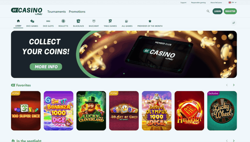 Interface van de BeCasino België-website met de startpagina van het legale online casino, inclusief dice games, dice slots en live roulette.