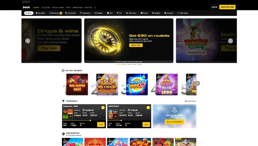 Interface van Bwin Casino België waarop de startpagina zichtbaar is met secties voor poker, live casino en dice games, weergegeven op een zwart-gouden achtergrond.