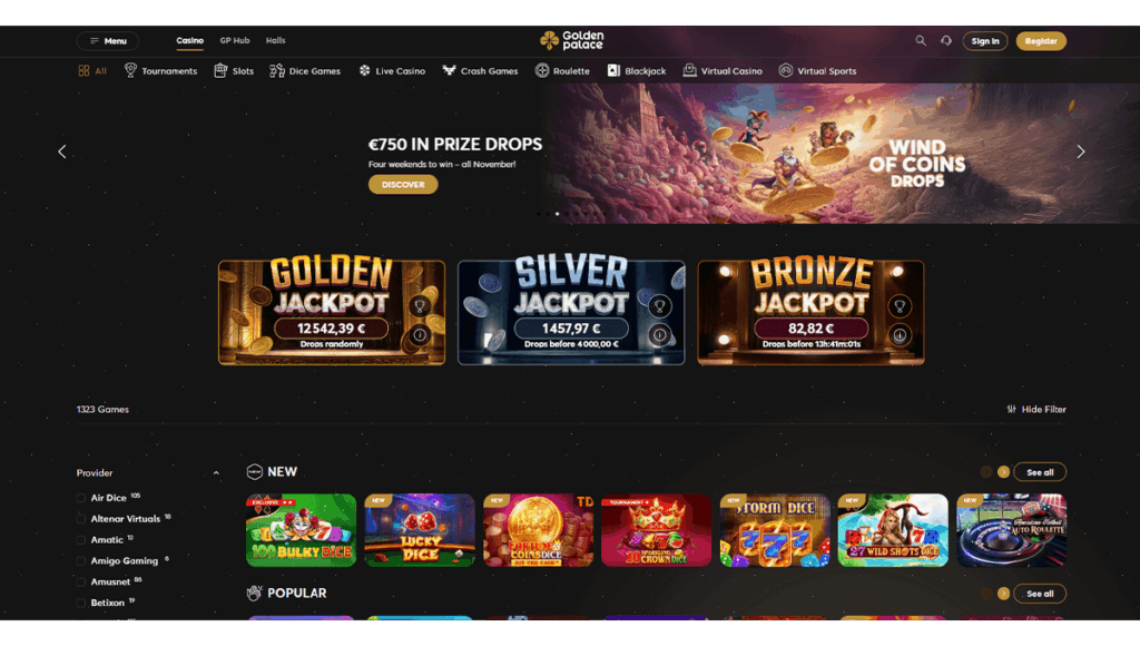 Mobiele interface van Golden Palace Casino België met legale dice slots en dice games.