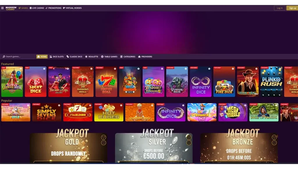 Interface van Madison Casino België met dice games, live roulette en jackpots op een legaal B+-platform.