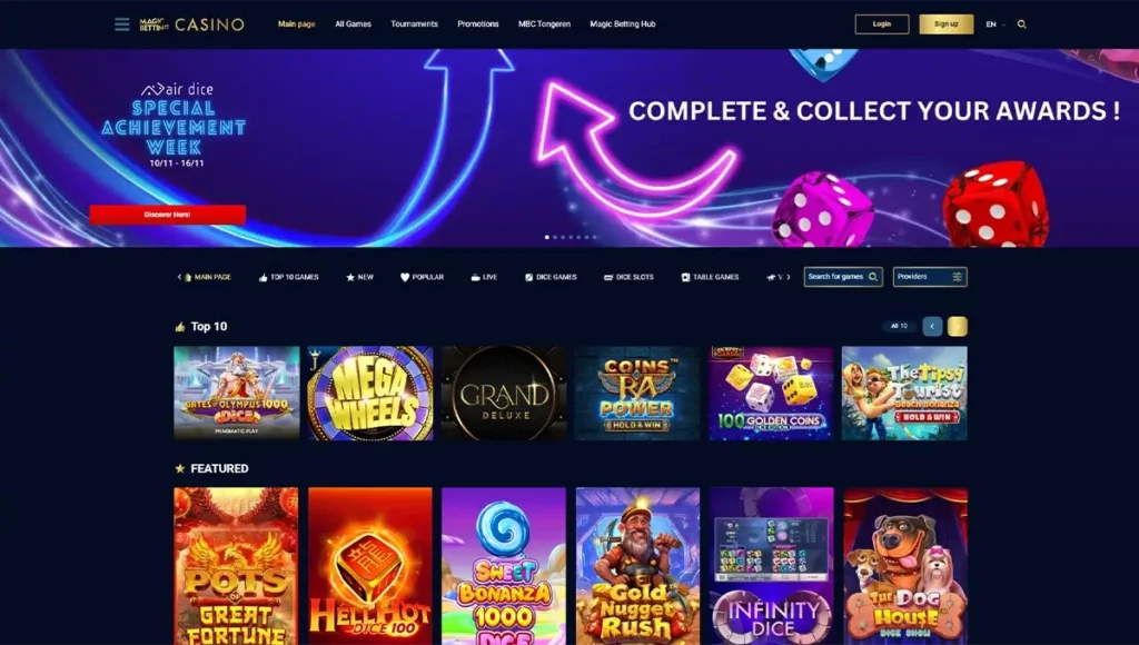 Interface van Magic Betting Casino met dice games, slots en live tafels op een veilige Belgische online casinoplatform.