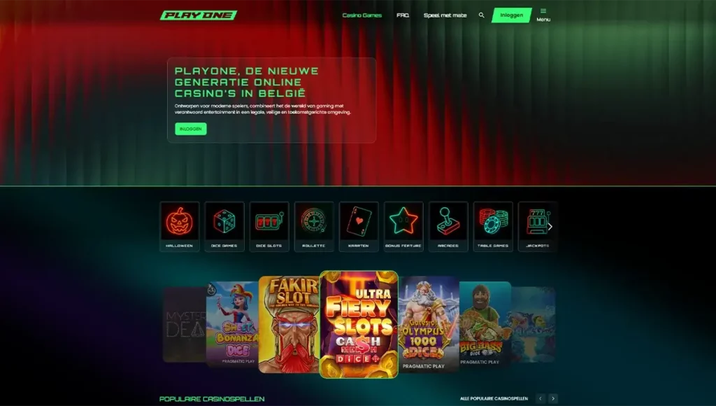 Moderne interface van PlayOne Casino België met vlotte navigatie, zichtbare casinospellen en een helder design van een legaal B+ platform in 2025.