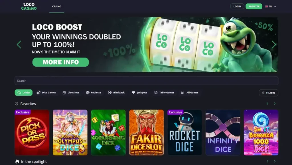 Interface van de mobiele site van Loco Casino, erkend Belgisch platform met dice games, dice slots en veilige snelle uitbetalingen.