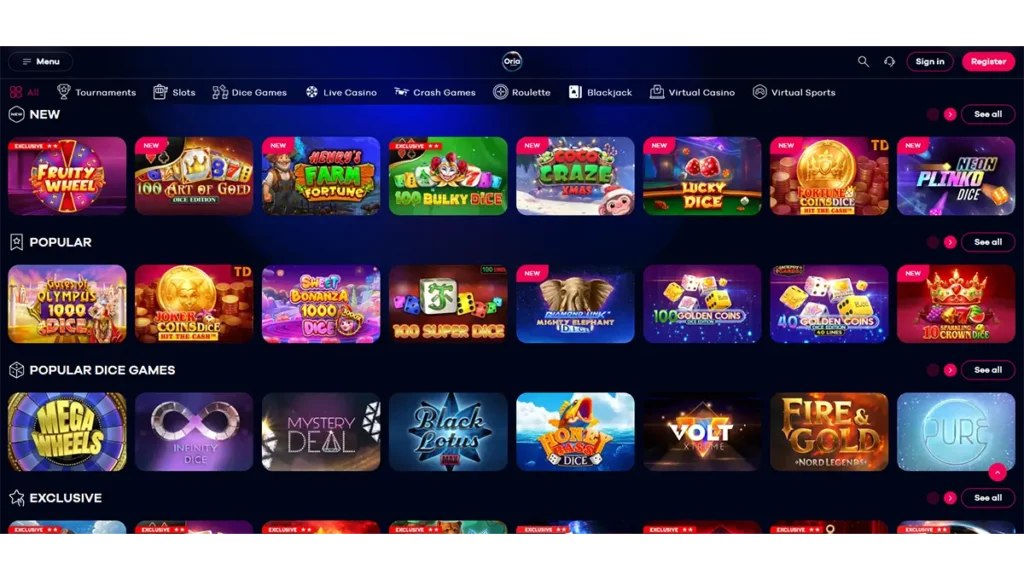 Moderne interface van Oria Casino België met duidelijk menu, dice games, slots en vlotte navigatie op desktop.