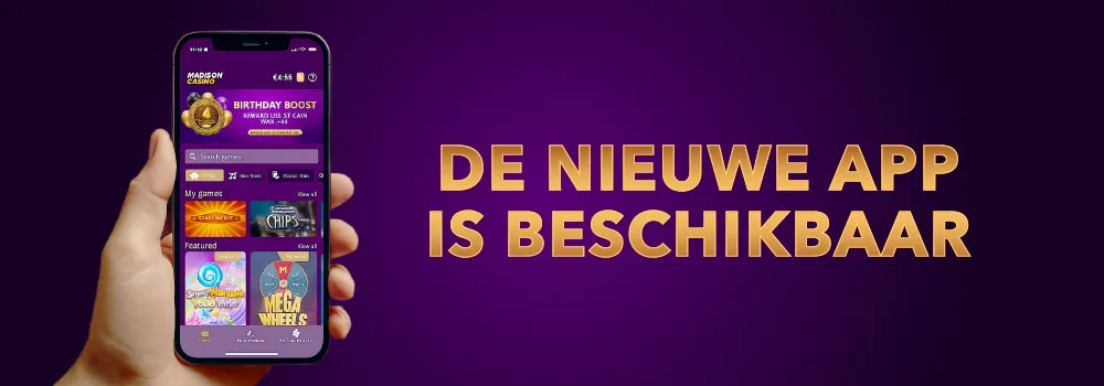 Interface van de mobiele applicatie van Madison Casino met een overzicht van de spellen, betaalopties en functies die handig zijn voor Belgische spelers.