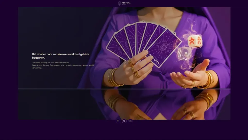 Overzicht van de interface van de Fortuna Casino-website vóór de lancering in België, platform in voorbereiding met B+-licentie.