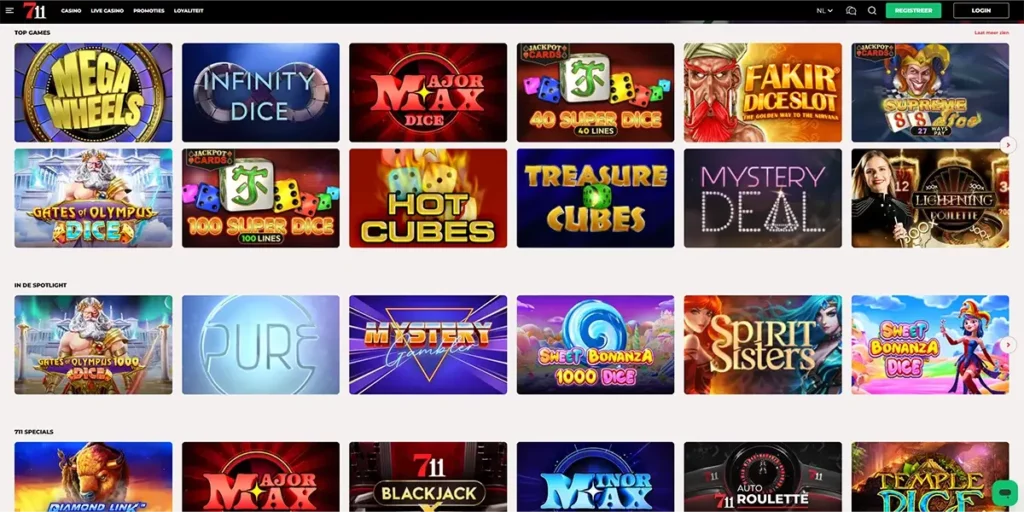 Interface van het online casino 711.be, een nieuwe vergunde operator in België sinds december 2025.