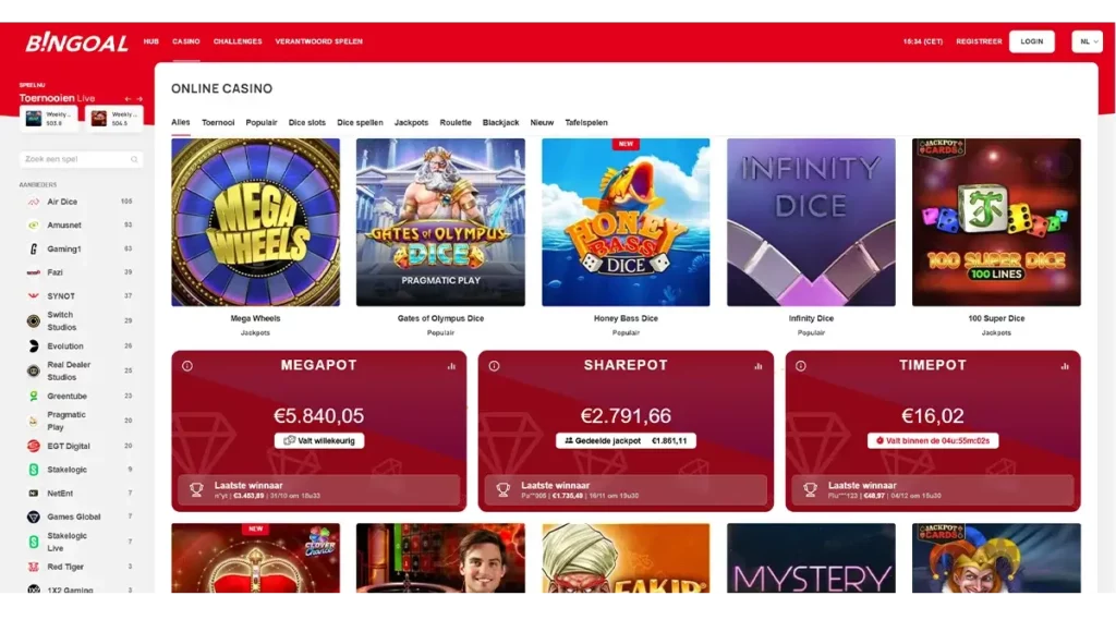 Interface van de Bingoal Casino-site met weergave van online spellen, hoofdcategorieën en navigatie voor Belgische spelers.