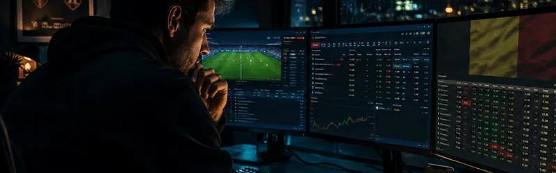 Geconcentreerde wedder voor zijn scherm die Belgische voetbalstatistieken analyseert voor een succesvolle sportweddenschap.