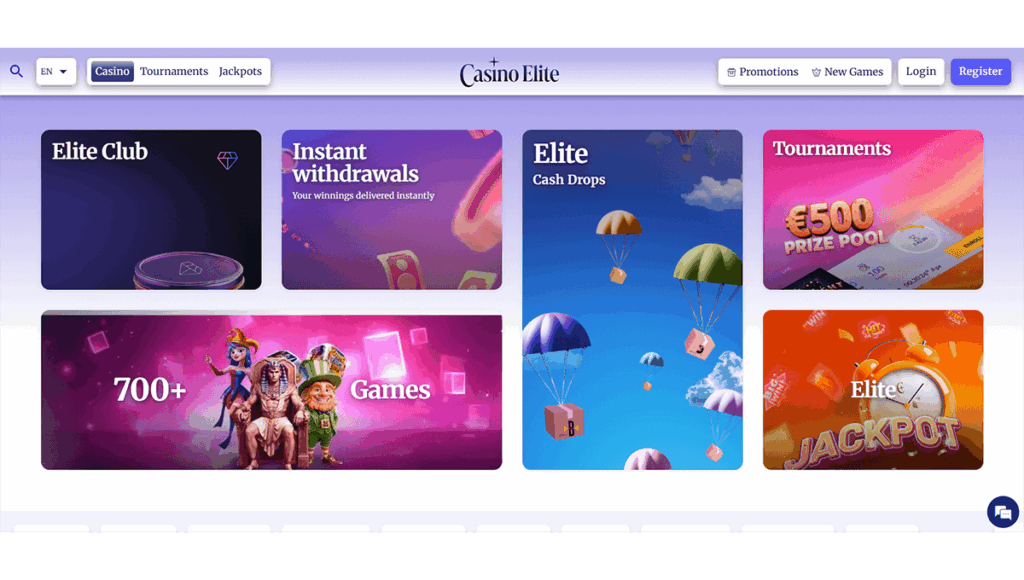 Interface mobile de Casino Elite affichant la page d’accueil du casino belge agréé CJH, avec dice slots, roulette et jeux de table en ligne.