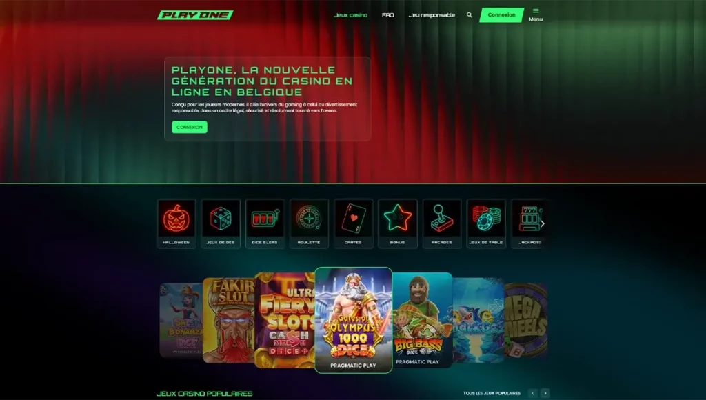 Interface moderne de PlayOne Casino Belgique avec navigation fluide, jeux de casino visibles et design clair d’une plateforme légale B+ en 2025.