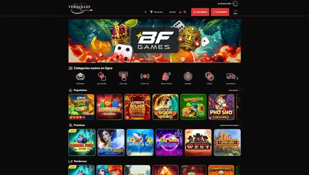 Interface du site Versailles Casino, plateforme belge légale avec jeux de dés, machines à sous et retraits instantanés sécurisés.