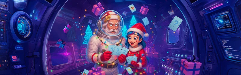 Illustration de la Mission X(Mas) avec un aperçu du calendrier, des Space Points et des cartes utilisées dans la promotion de décembre sur Oria Casino.