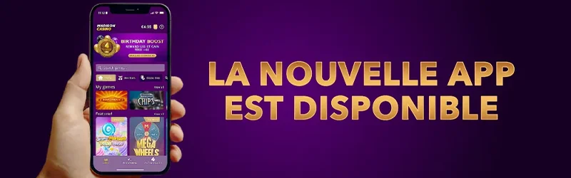 Interface de l’application mobile Madison Casino avec aperçu des jeux, options de paiement et fonctionnalités utiles pour les joueurs belges.