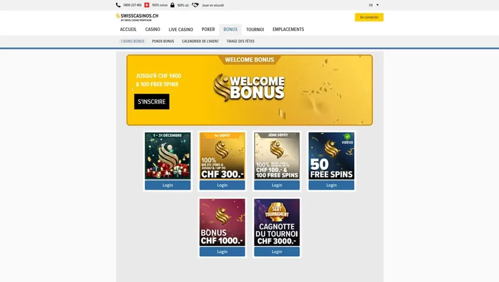 Page bonus de SwissCasinos présentant le bonus de bienvenue et les promotions du casino en ligne suisse