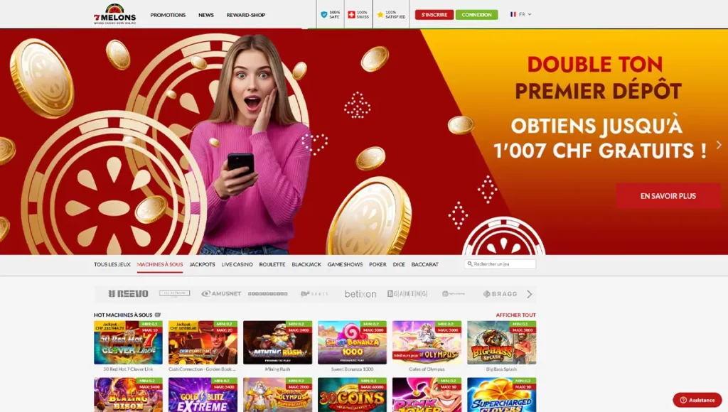 Interface du casino en ligne suisse 7melons.ch, avec navigation claire et jeux affichés.