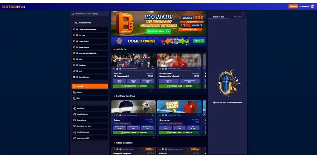 Interface desktop de Betsson.fr montrant les paris sportifs en ligne, les cotes avant-match et l’accès aux paris en direct sur ordinateur.