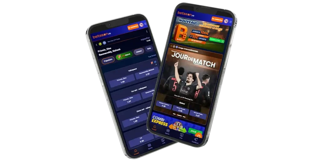 Version mobile de Betsson.fr avec l’application de paris sportifs, affichant les cotes en temps réel et les paris en direct sur smartphone.