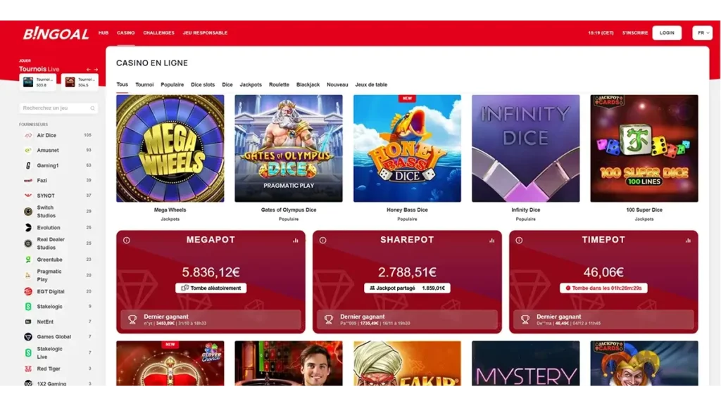 Interface du site Bingoal Casino affichant les jeux en ligne, les catégories principales et la navigation pour les joueurs belges.