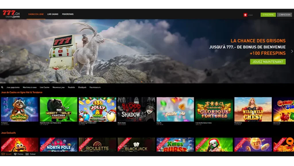 Interface du casino suisse Casino777 affichant la page d’accueil et les jeux populaires.