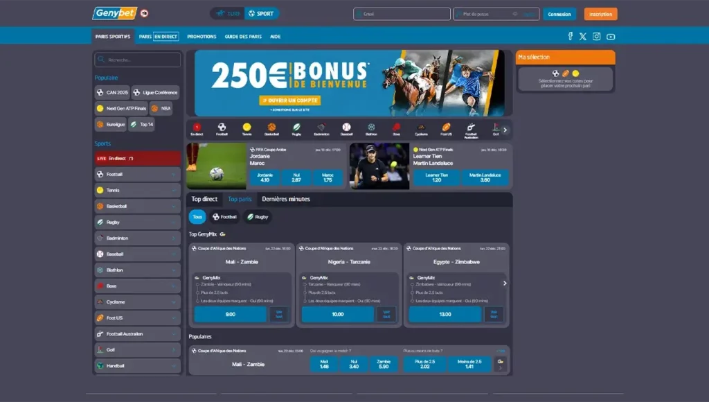 Interface du site Genybet affichant les paris sportifs et les courses hippiques sur une plateforme réglementée en France.