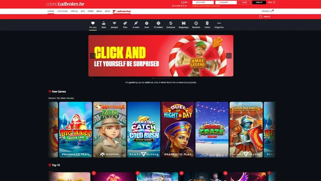 Interface du casino en ligne Ladbrokes avec aperçu des jeux, navigation claire et options pour joueurs belges.