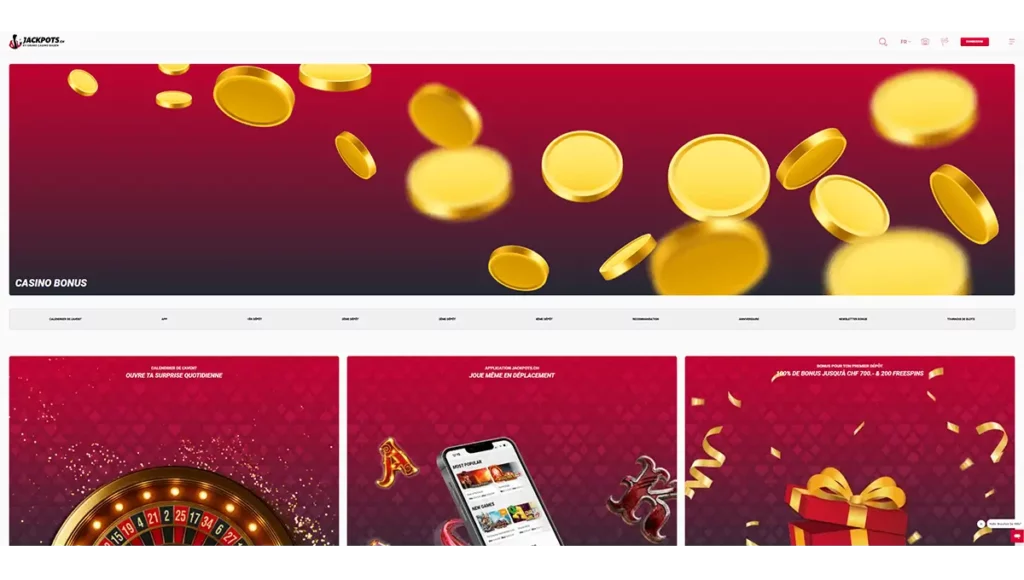 Aperçu de la page Bonus et Promotions de Jackpots.ch avec les offres disponibles, les conditions affichées et les récompenses pour joueurs suisses.