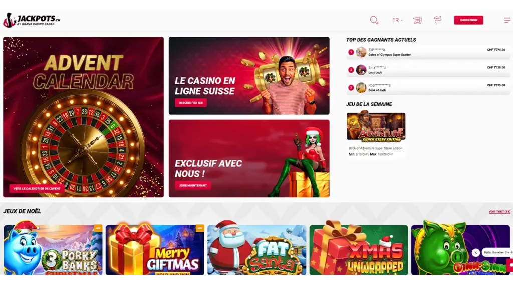 Page d’accueil du site Jackpots.ch présentant les catégories de jeux, le menu principal et l’interface du casino en ligne suisse.