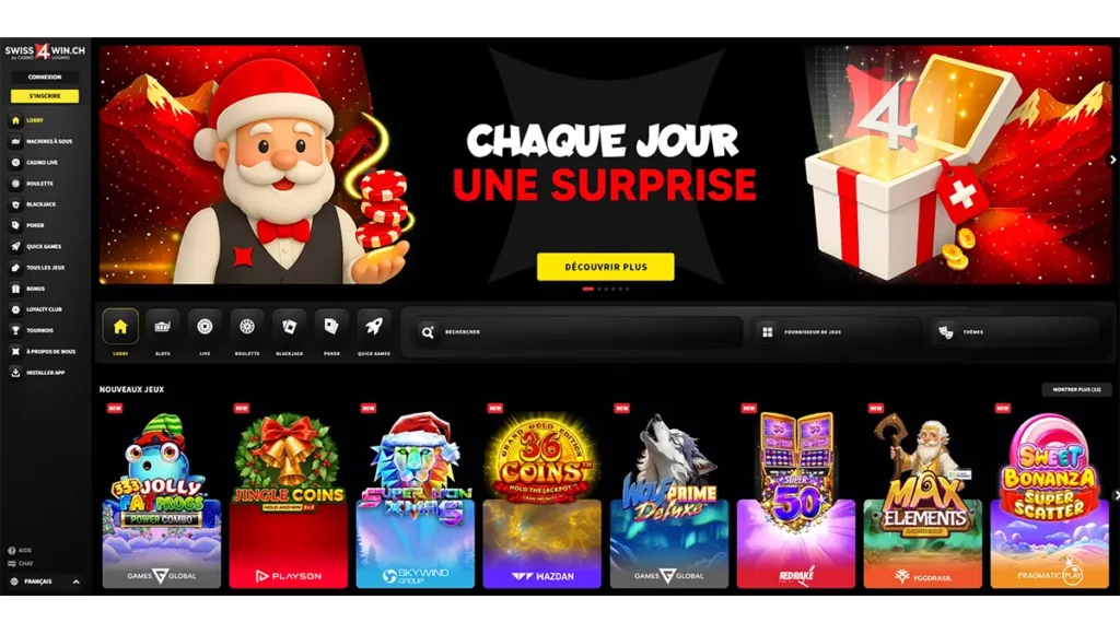 Aperçu de l’interface Swiss4Win avec menu clair, catégories lisibles et navigation fluide sur fond sombre, optimisée pour les joueurs suisses.