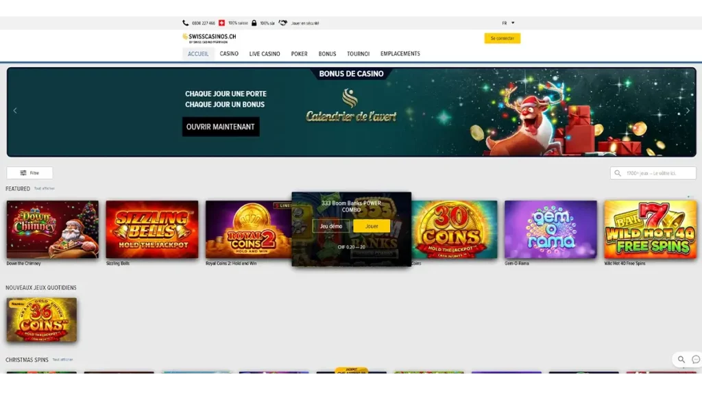 Interface desktop de SwissCasinos montrant le casino en ligne suisse avec jeux de casino, menu principal et accès aux bonus.