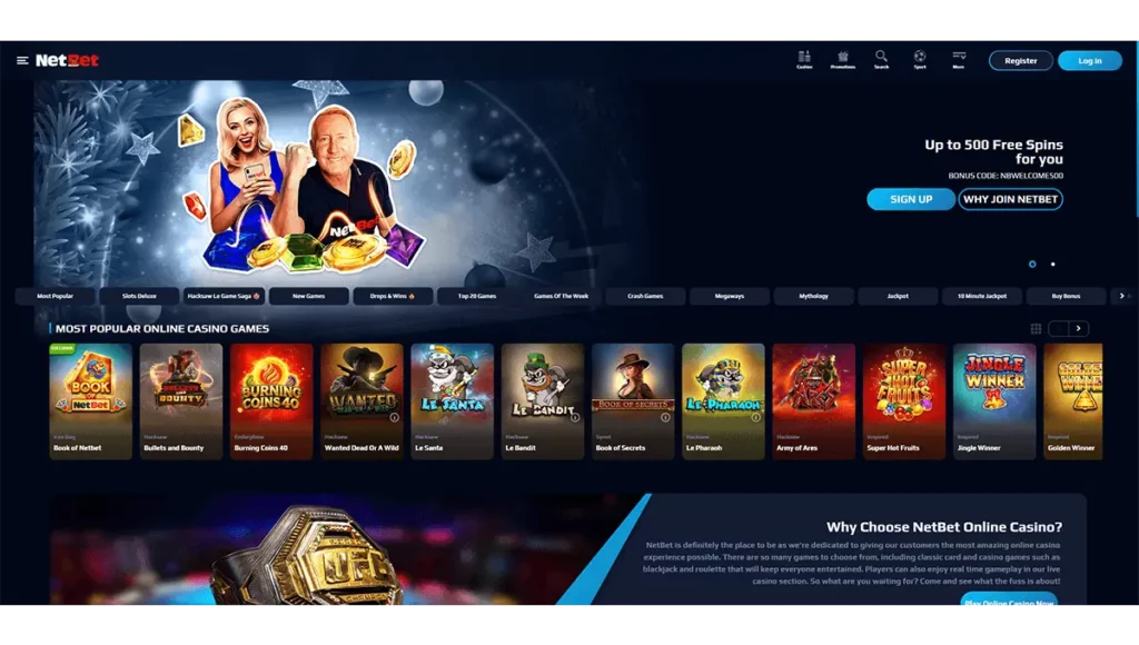 NetBet Casino Ireland interface showing a variety of online casino games, including slots, live casino tables, and sports betting options, with a user-friendly layout.