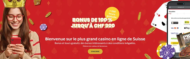 Présentation du bonus MyCasino Suisse : dépôt, tours gratuits et règles à connaître avant de jouer sur un casino online Suisse.