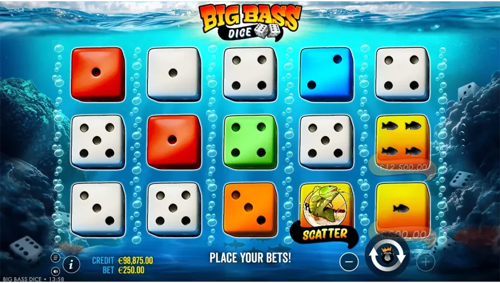 Vissers-wild die geldwaarden van dice-symbolen verzamelt tijdens de free spins van Big Bass Dice