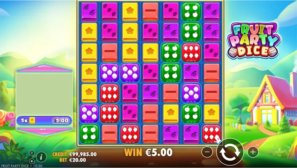 Gameplay de Fruit Party Dice avec grappes de fraises et dés multiplicateurs se combinant sur la grille 7x7 de Fruit Party Dice