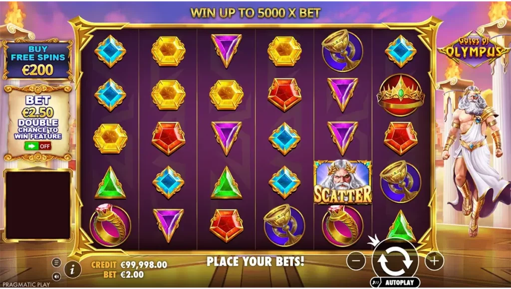 Grille 6×5 de Gates of Olympus avec Zeus et les orbes multiplicateurs