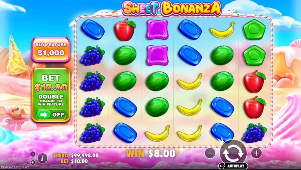 6×5-raster van Sweet Bonanza met vruchten en snoepjes in cascade